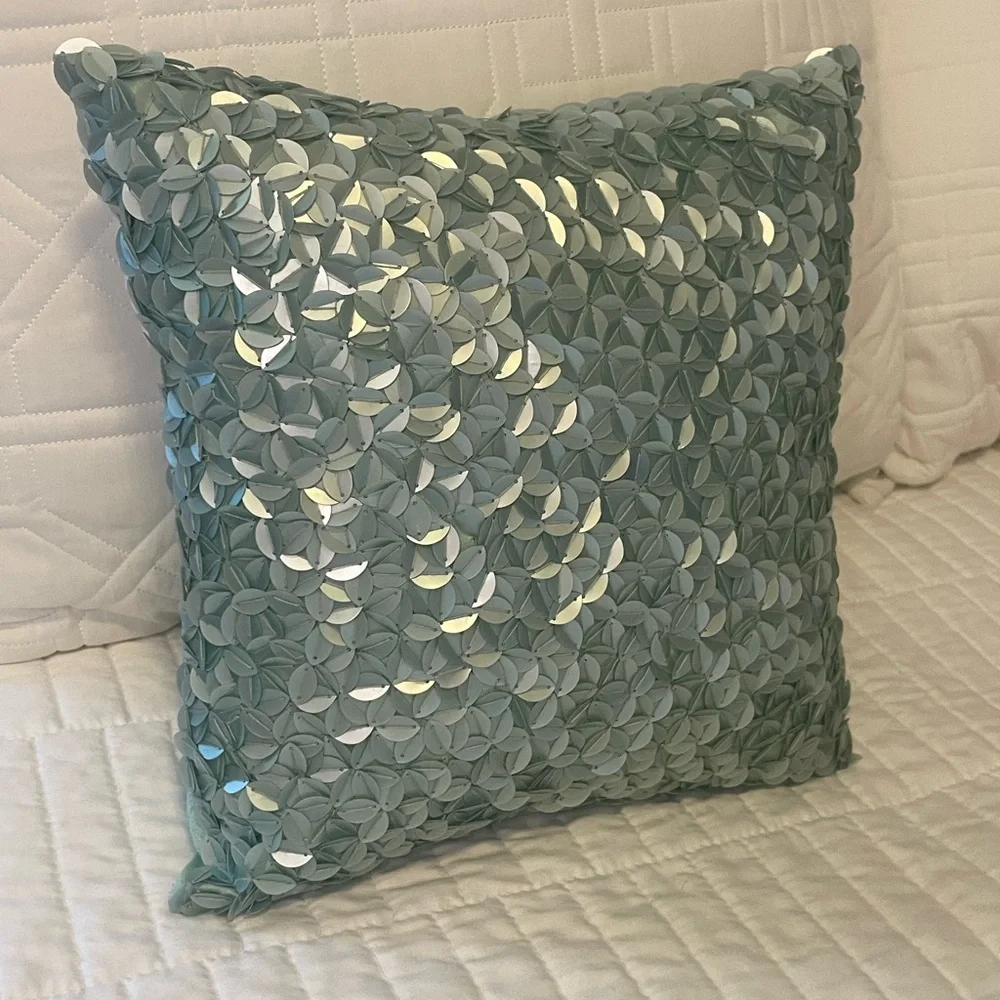 Opalite aqua blue jeweled sequin square accent pillow by Thro
